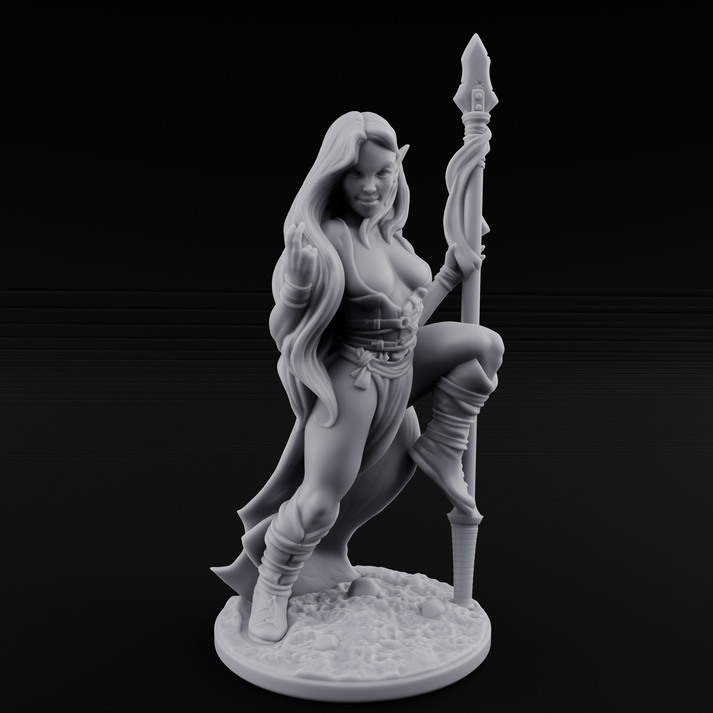 Smirking Spear Leaner Elf Tribeswoman Miniature for Dungeons and Dragons, Pathfinder or other TTRPGs