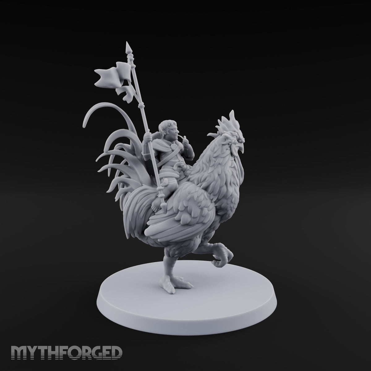Dawn Marches Under His Banner Halfling Captain on Axe Beak