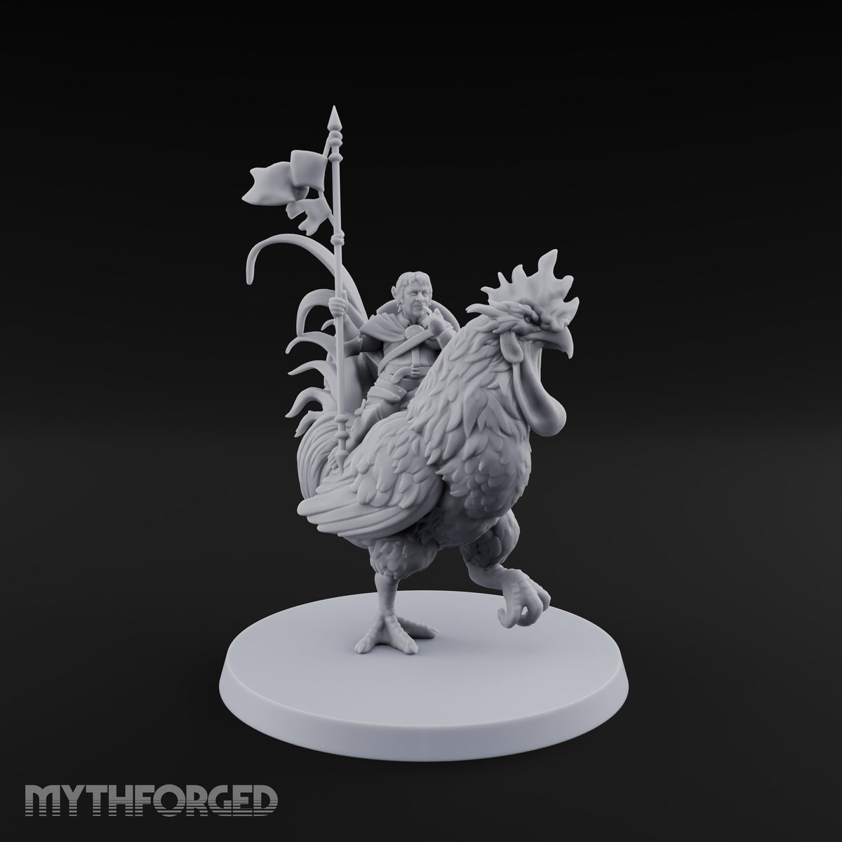 Dawn Marches Under His Banner Halfling Captain on Axe Beak