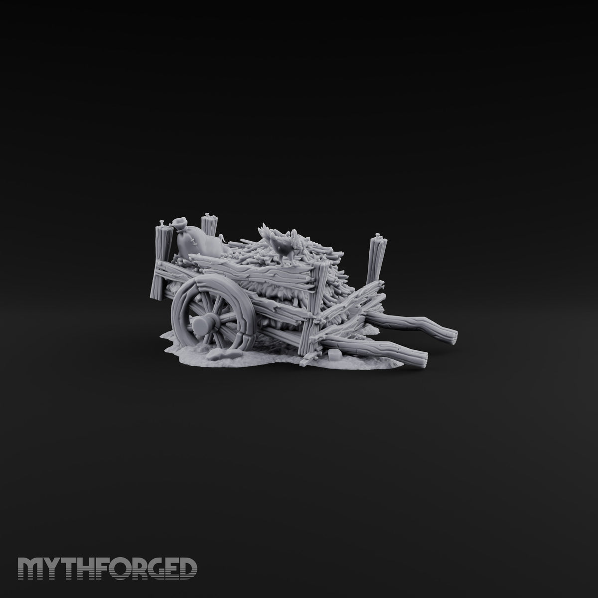 Axle Gave Out Mid-Harvest Broken Hay Cart with Crow and Rat on Rubble Base