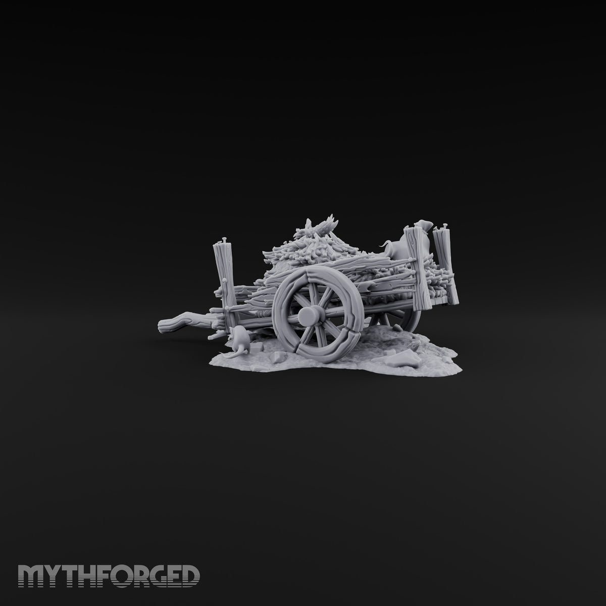 Axle Gave Out Mid-Harvest Broken Hay Cart with Crow and Rat on Rubble Base