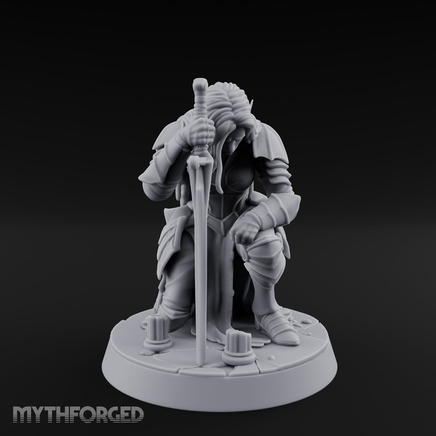 Head Bowed Sword Planted Drow Knight Miniature for Dungeons and Dragons, Pathfinder or other TTRPGs
