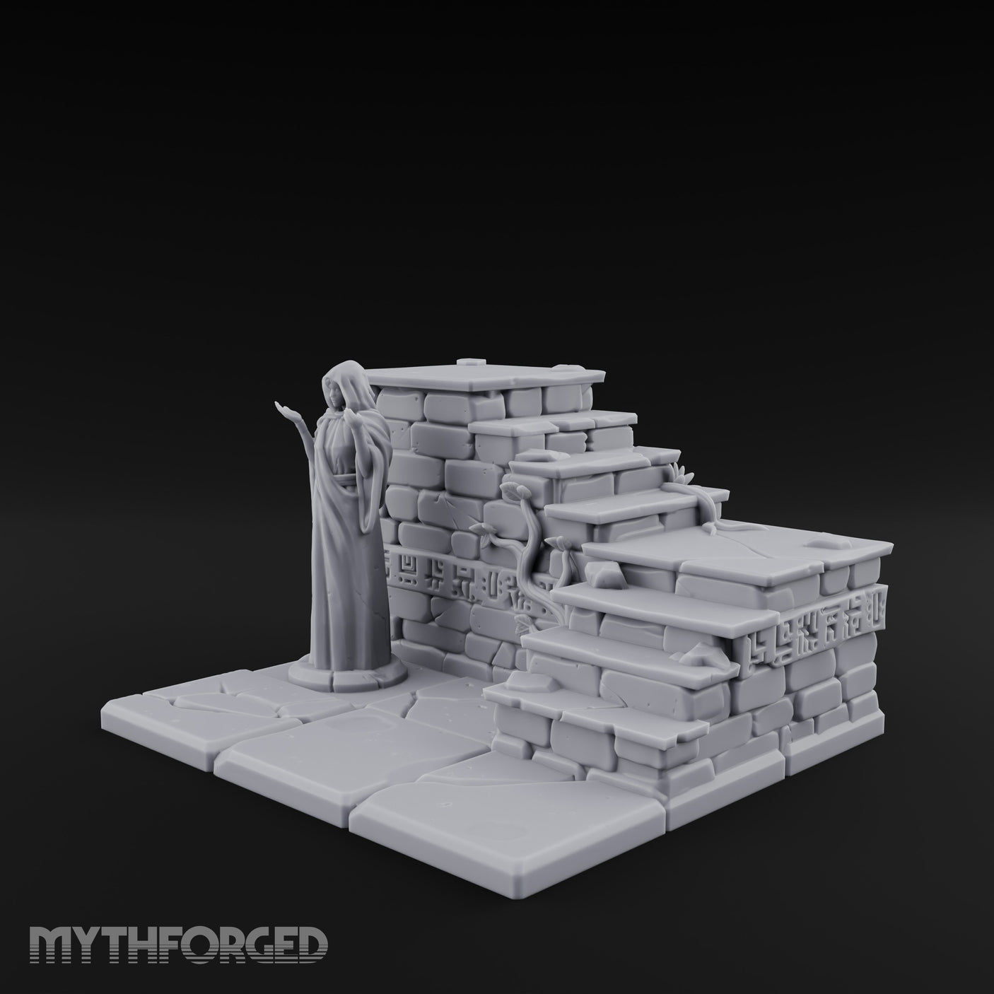 Hieroglyph-Etched Vine-Crept Stepped Pyramid Shrine Altar