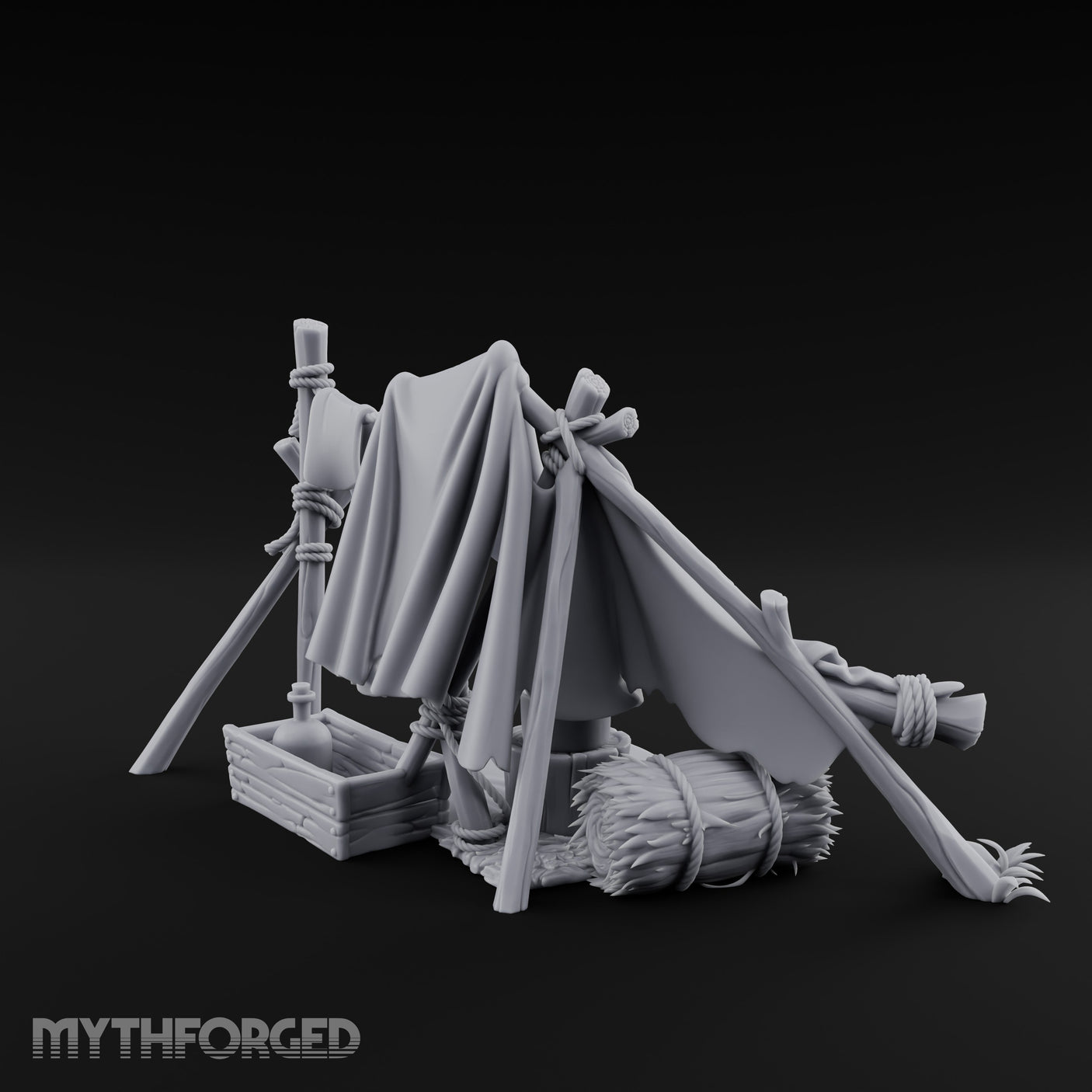 Hole-Riddled Rope-Lashed Wilderness Bivouac Camp Miniature for Dungeons and Dragons, Pathfinder or other TTRPGs