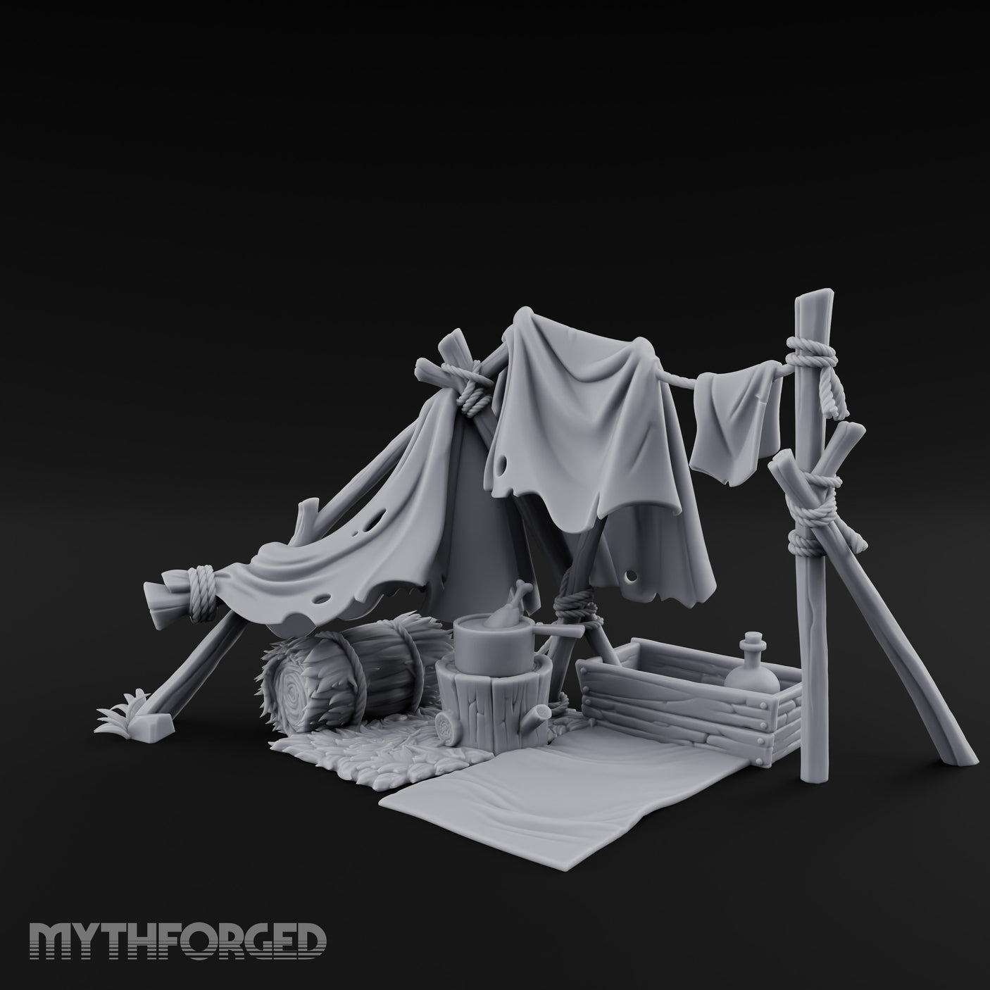 Hole-Riddled Rope-Lashed Wilderness Bivouac Camp Miniature for Dungeons and Dragons, Pathfinder or other TTRPGs