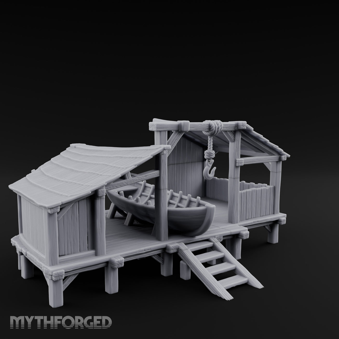Hook-Hung Rowboat-Cradling Waterfront Boathouse Workshop Miniature for Dungeons and Dragons, Pathfinder or other TTRPGs