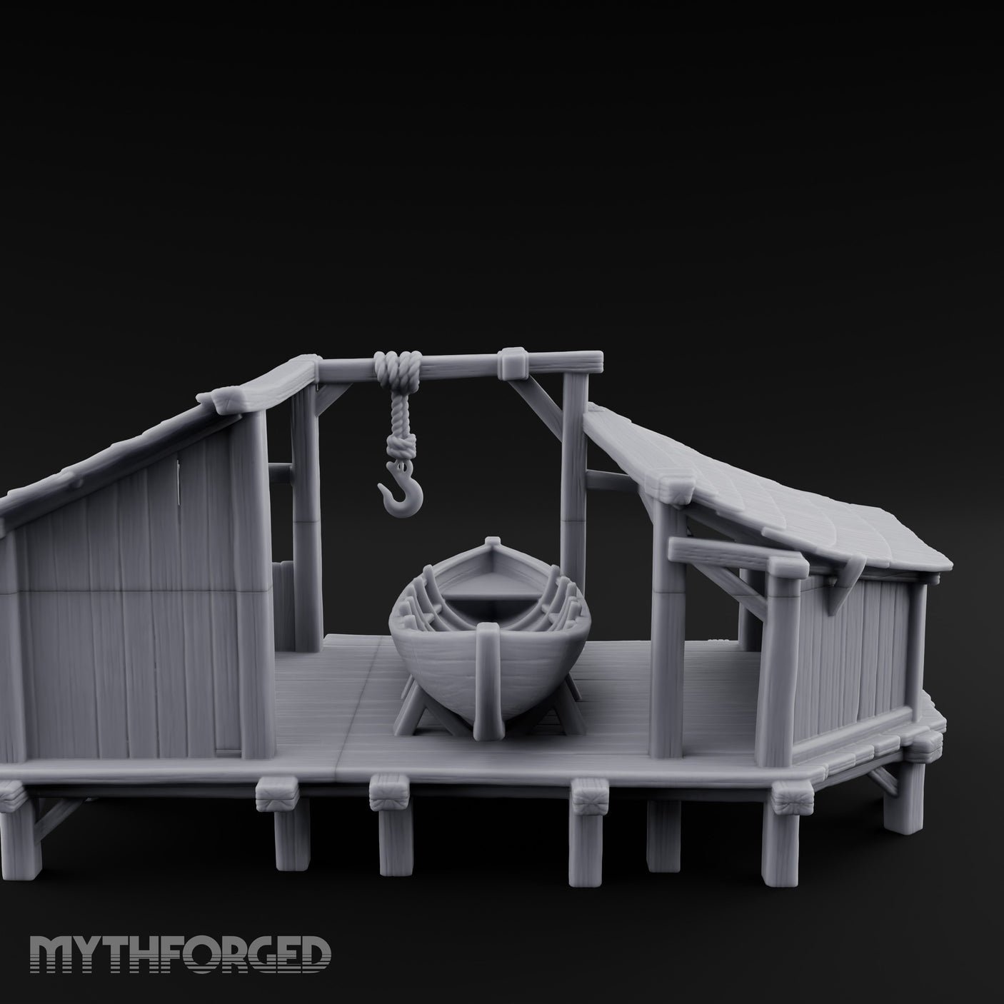 Hook-Hung Rowboat-Cradling Waterfront Boathouse Workshop Miniature for Dungeons and Dragons, Pathfinder or other TTRPGs