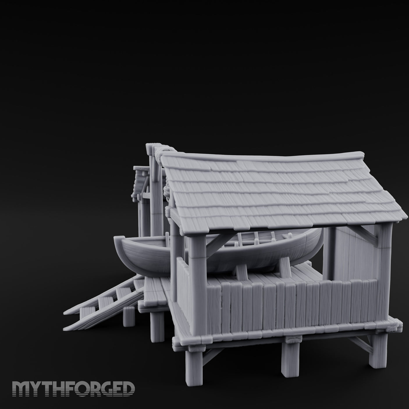Hook-Hung Rowboat-Cradling Waterfront Boathouse Workshop Miniature for Dungeons and Dragons, Pathfinder or other TTRPGs