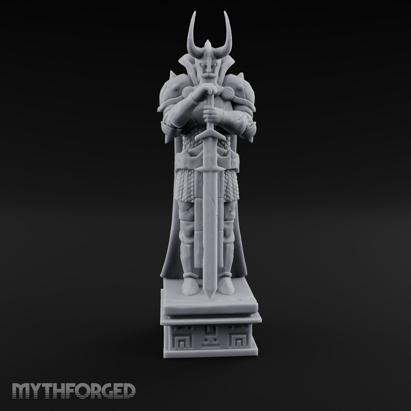 Horn-Helmed Sword-Gripping Armored Warrior Statue gallery 1