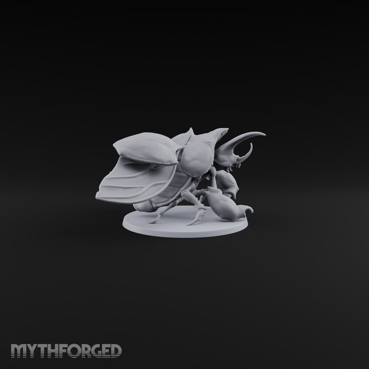 Horn Down, Shell Wide Giant Fire Beetle with Rhinoceros Horn and Open Wing Cases — A