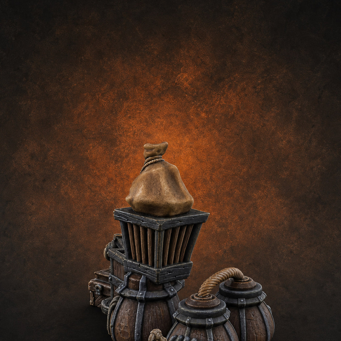 Hose-Linked Sack-Topped Goblin Market Cages & Barrels — painted concept preview (miniature supplied unpainted)