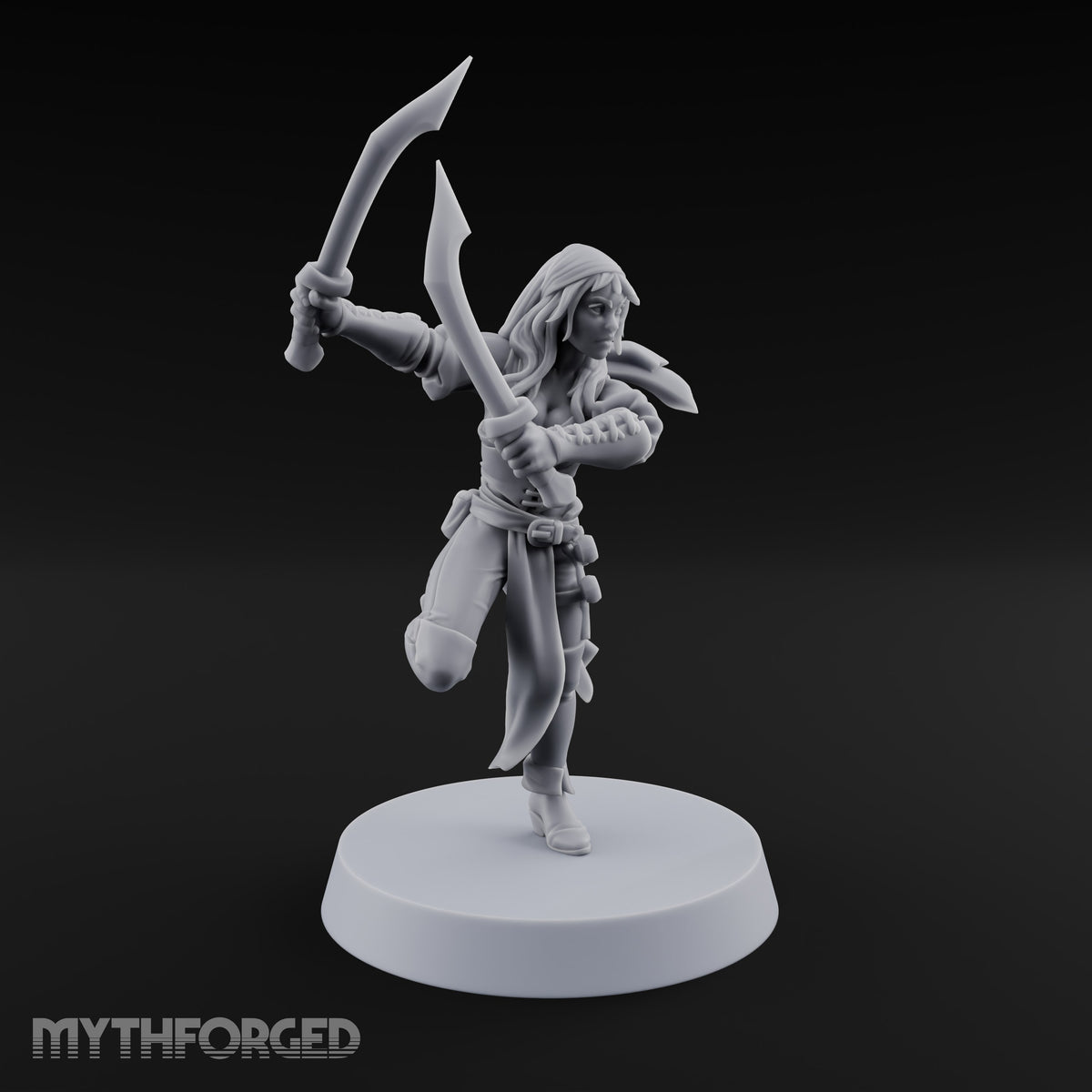Never Lands Twice in One Spot Human Female Rogue with Twin Curved Blades — Swords