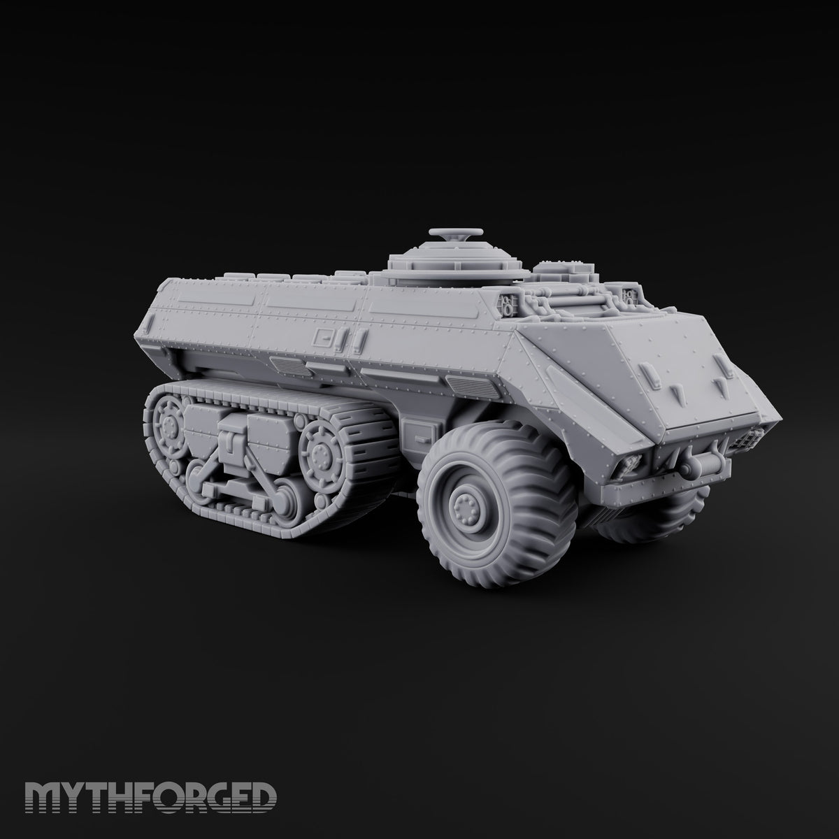 Half Wheels, Half Tracks Sci-Fi Armoured Half-Track Vehicle with Gunner — Closed Hatch