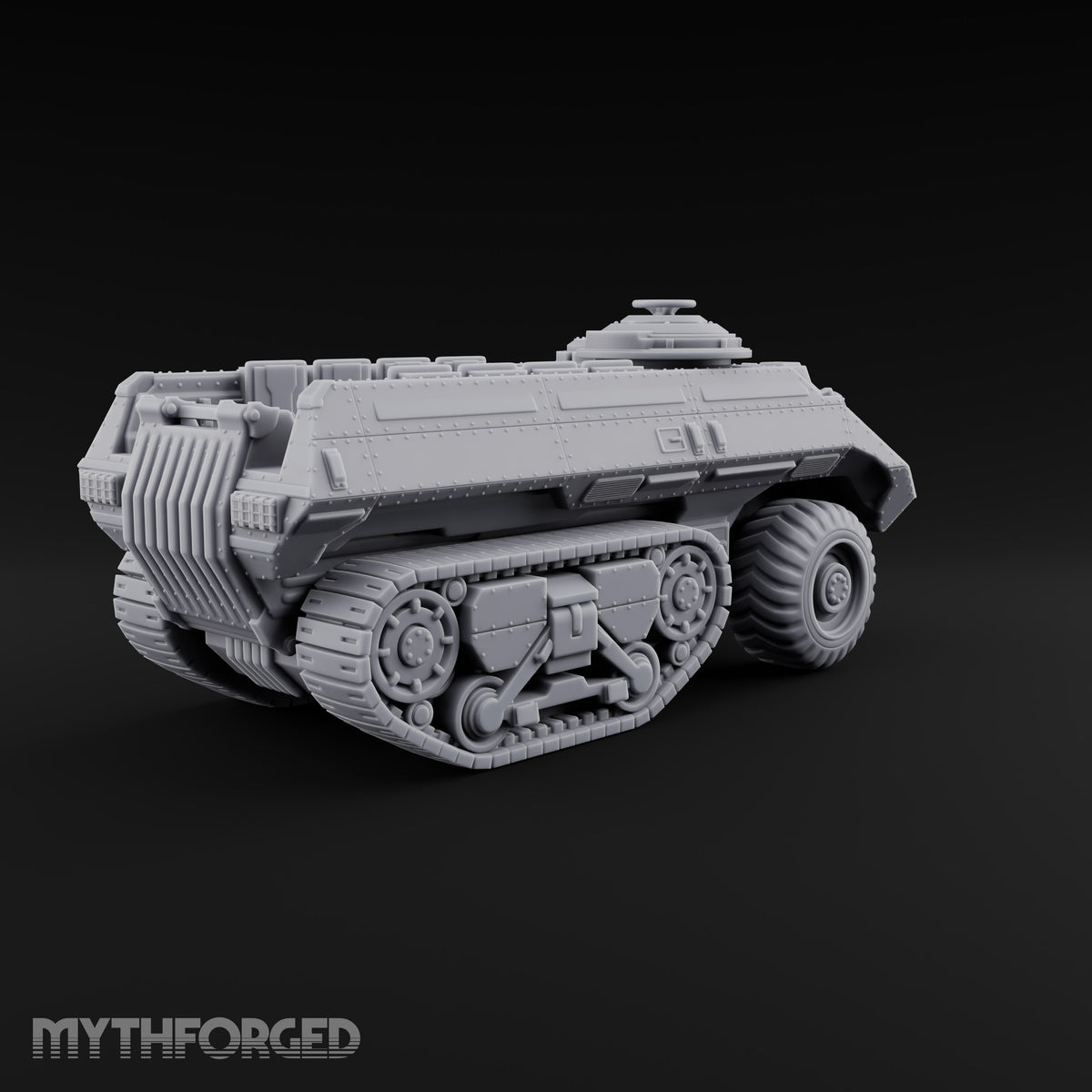 Half Wheels, Half Tracks Sci-Fi Armoured Half-Track Vehicle with Gunner — Closed Hatch