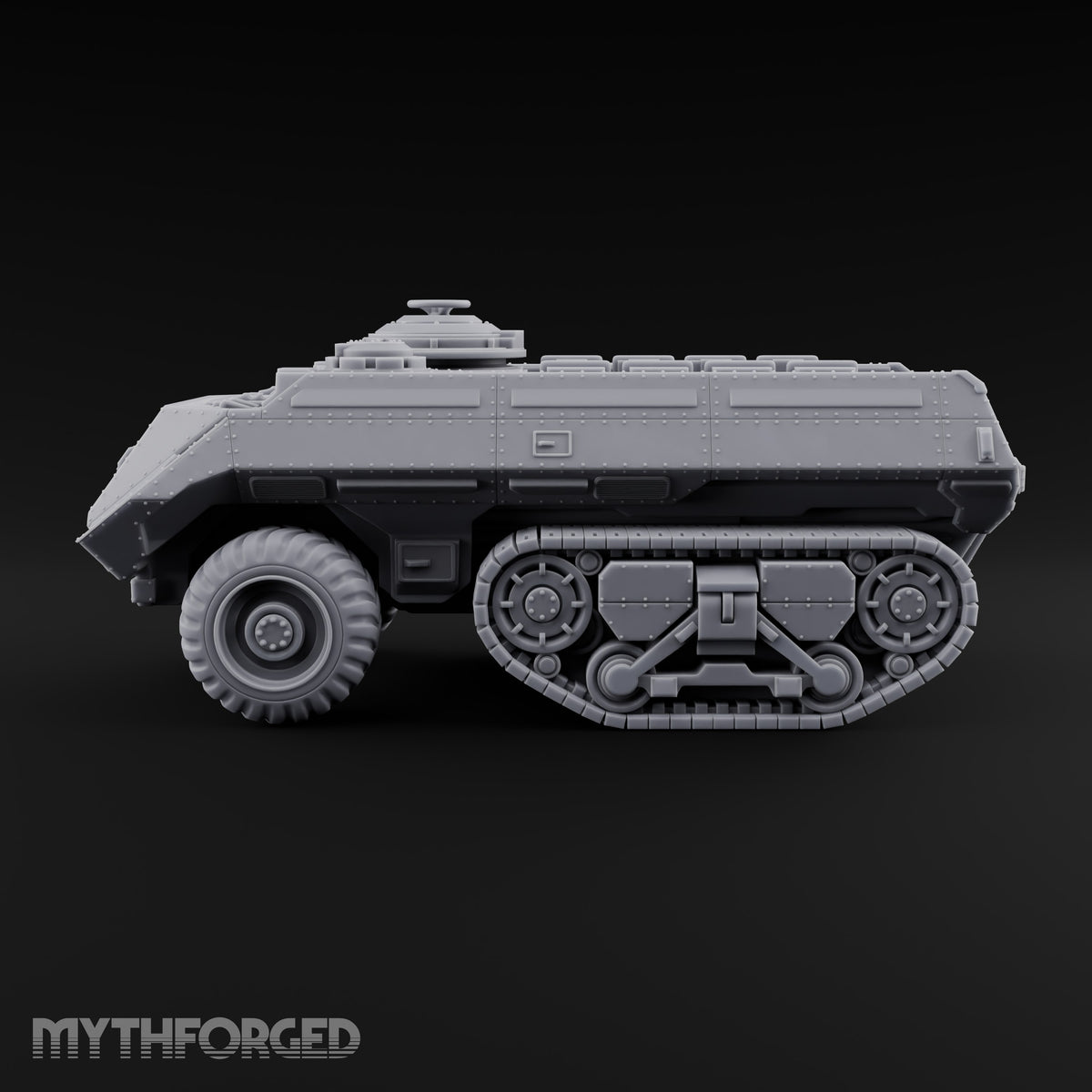 Half Wheels, Half Tracks Sci-Fi Armoured Half-Track Vehicle with Gunner — Closed Hatch