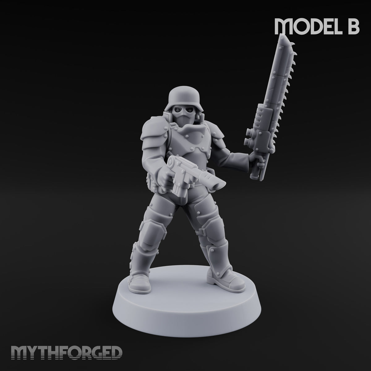 Trust the Moustache Human Armoured Heavy Weapons Soldiers — B · Gun 1 + Chainsword and Pistol + Gun 3 + Gun 4 + Gun 5