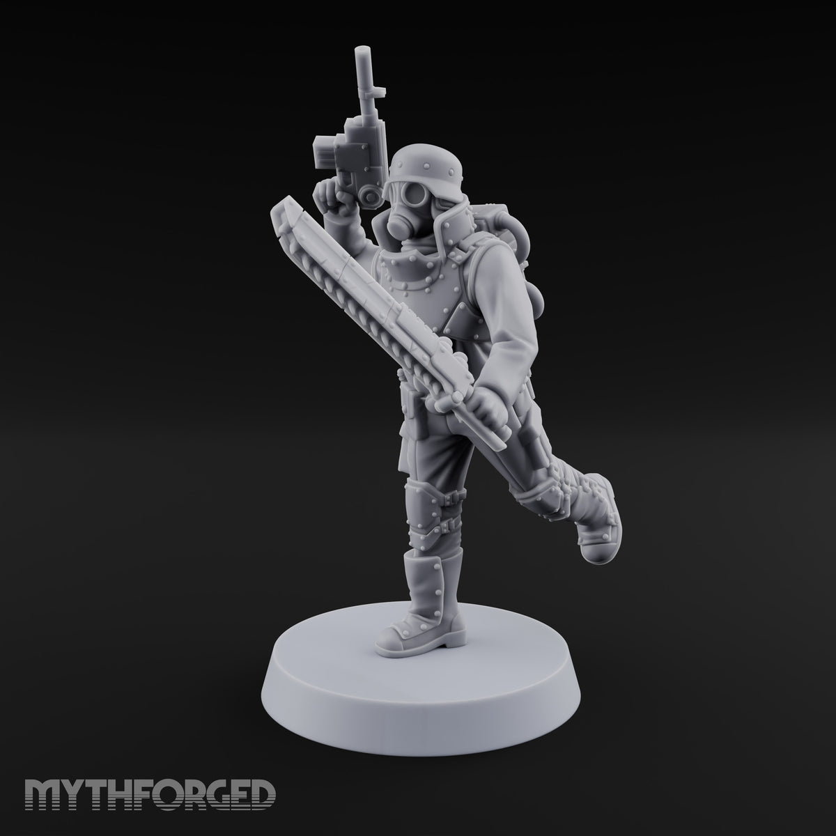Not Here for Small Talk Human Sci-Fi Soldier D — Chainsword and Raised Pistol