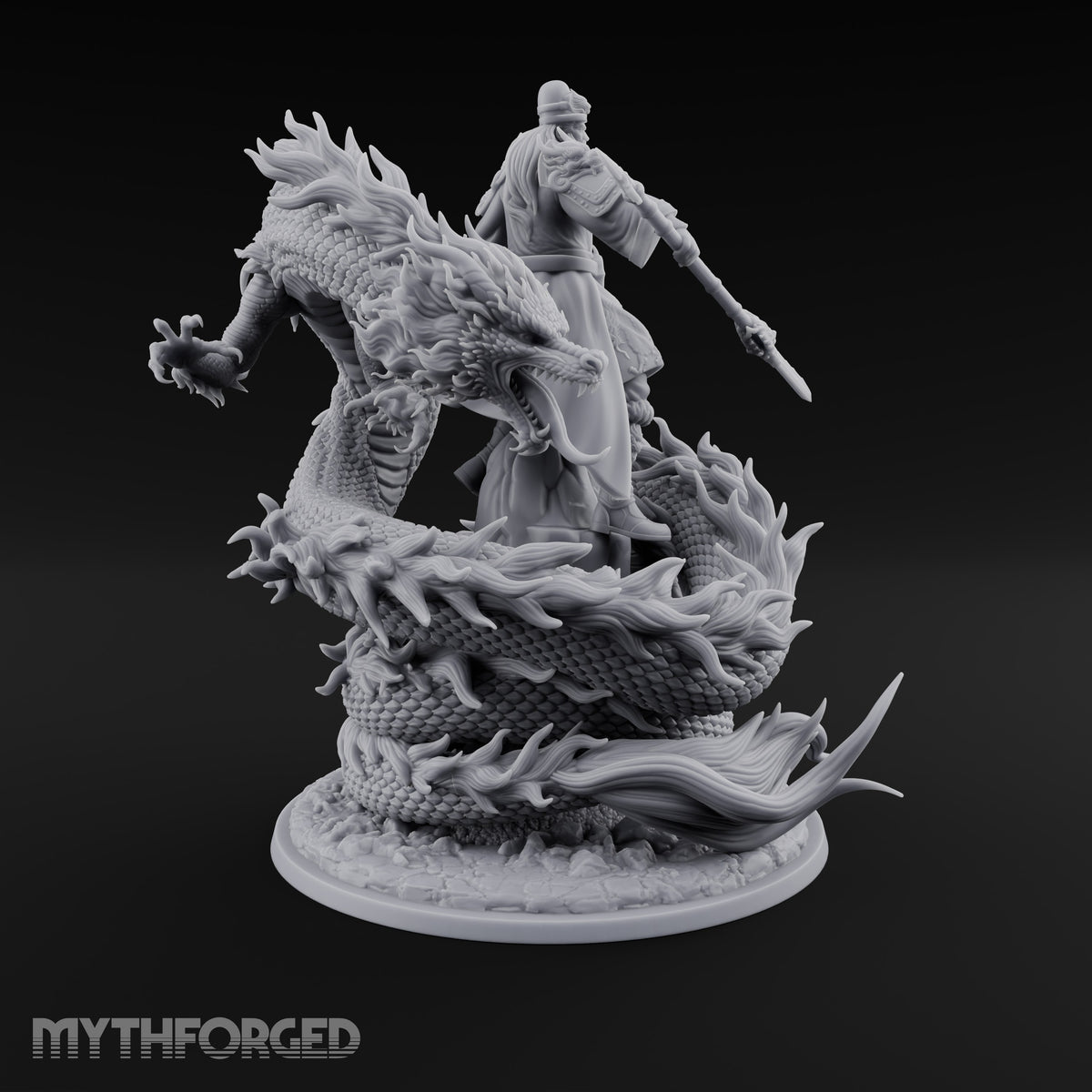 Stands Tall on Coiled Fury Human Bearded Warrior with Glaive and Coiled Eastern Dragon