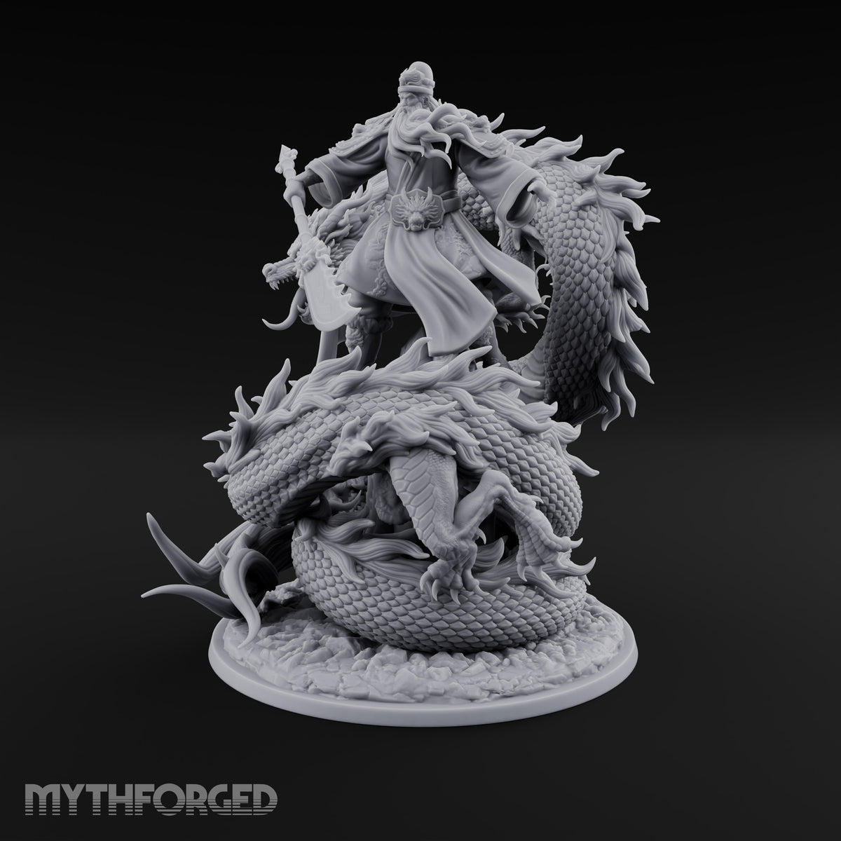 Stands Tall on Coiled Fury Human Bearded Warrior with Glaive and Coiled Eastern Dragon