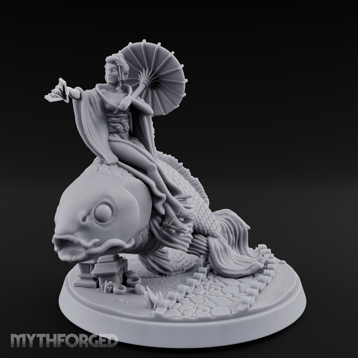Fan Flourishing Koi Mage Miniature for Dungeons and Dragons, Pathfinder or other TTRPGs