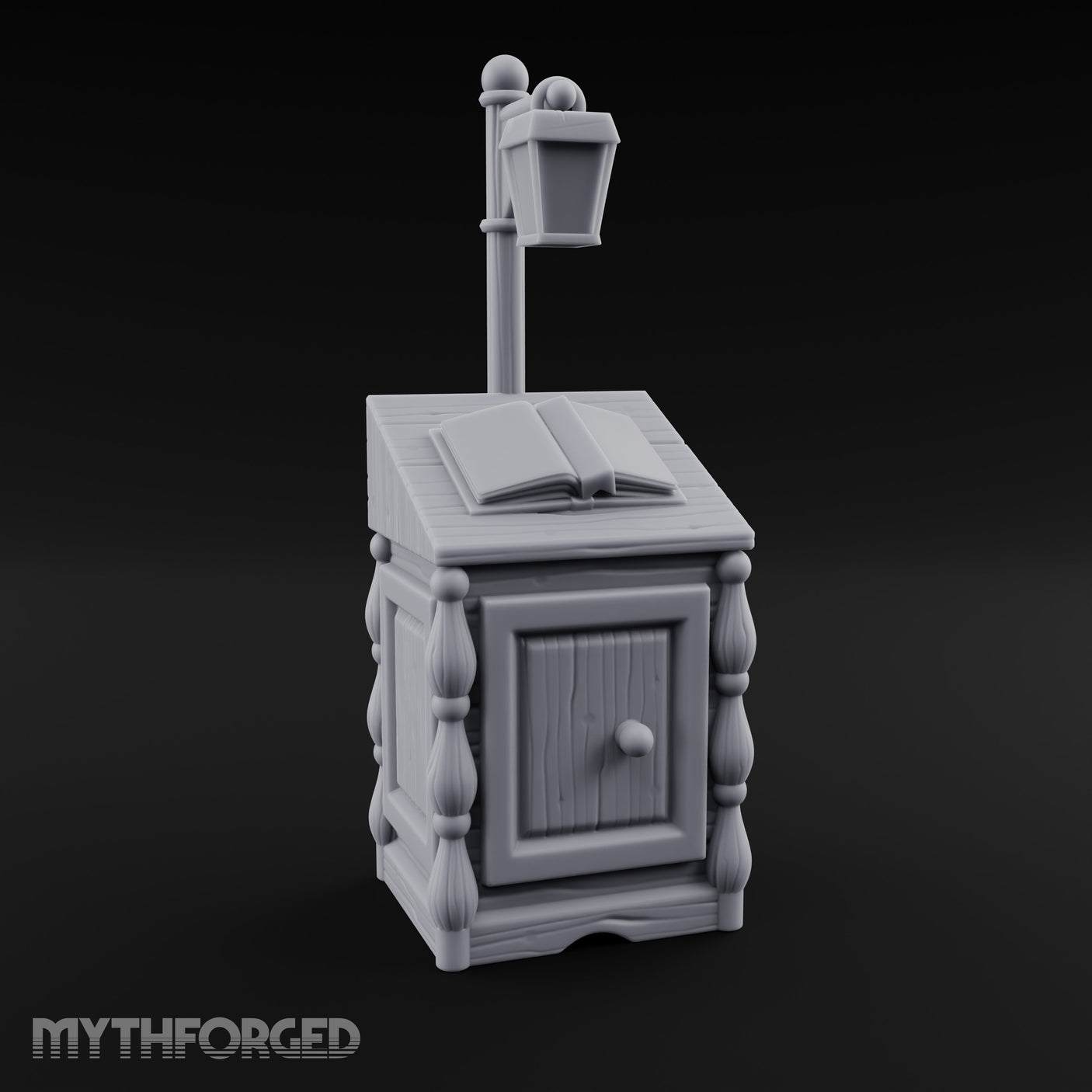 Lamp-Posted Open-Booked Noble Bedside Cabinet Miniature for Dungeons and Dragons, Pathfinder or other TTRPGs