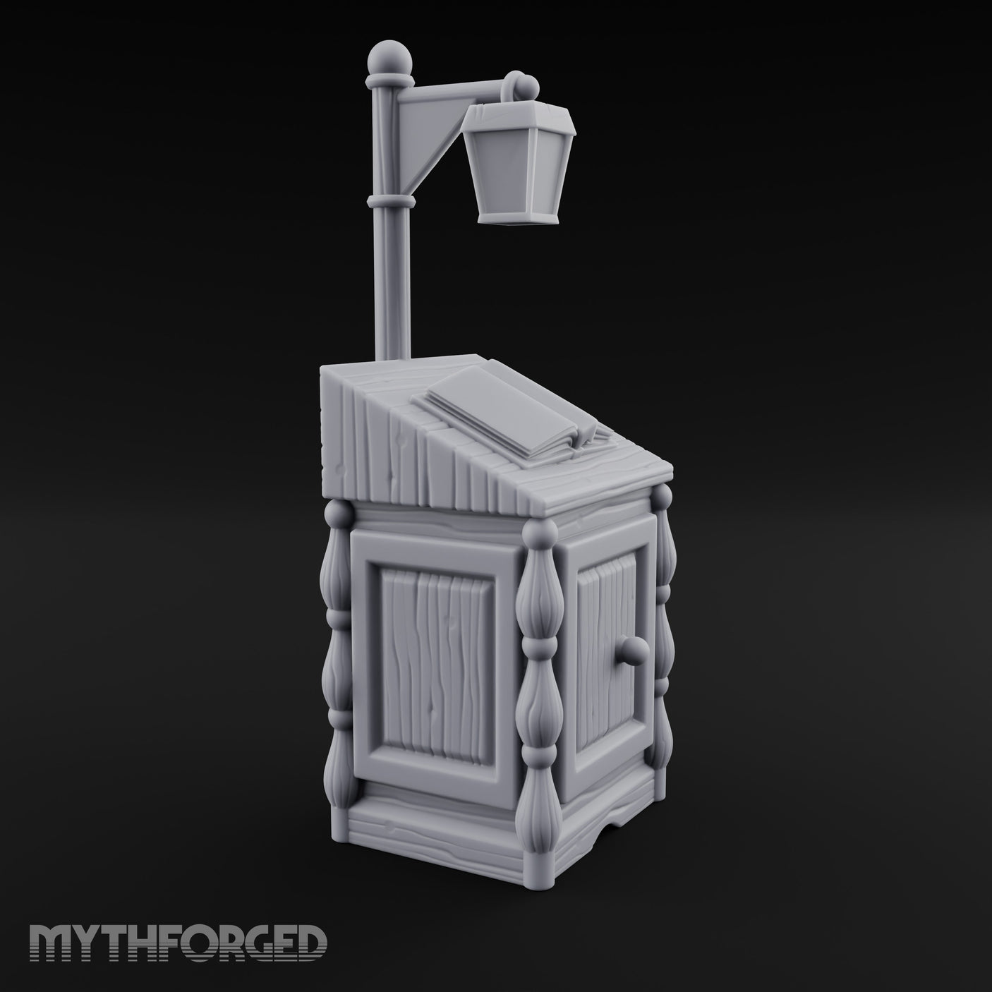 Lamp-Posted Open-Booked Noble Bedside Cabinet Miniature for Dungeons and Dragons, Pathfinder or other TTRPGs