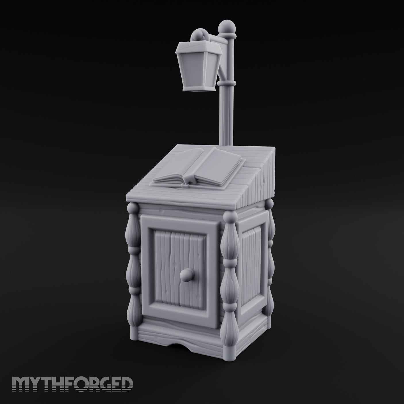 Lamp-Posted Open-Booked Noble Bedside Cabinet Miniature for Dungeons and Dragons, Pathfinder or other TTRPGs