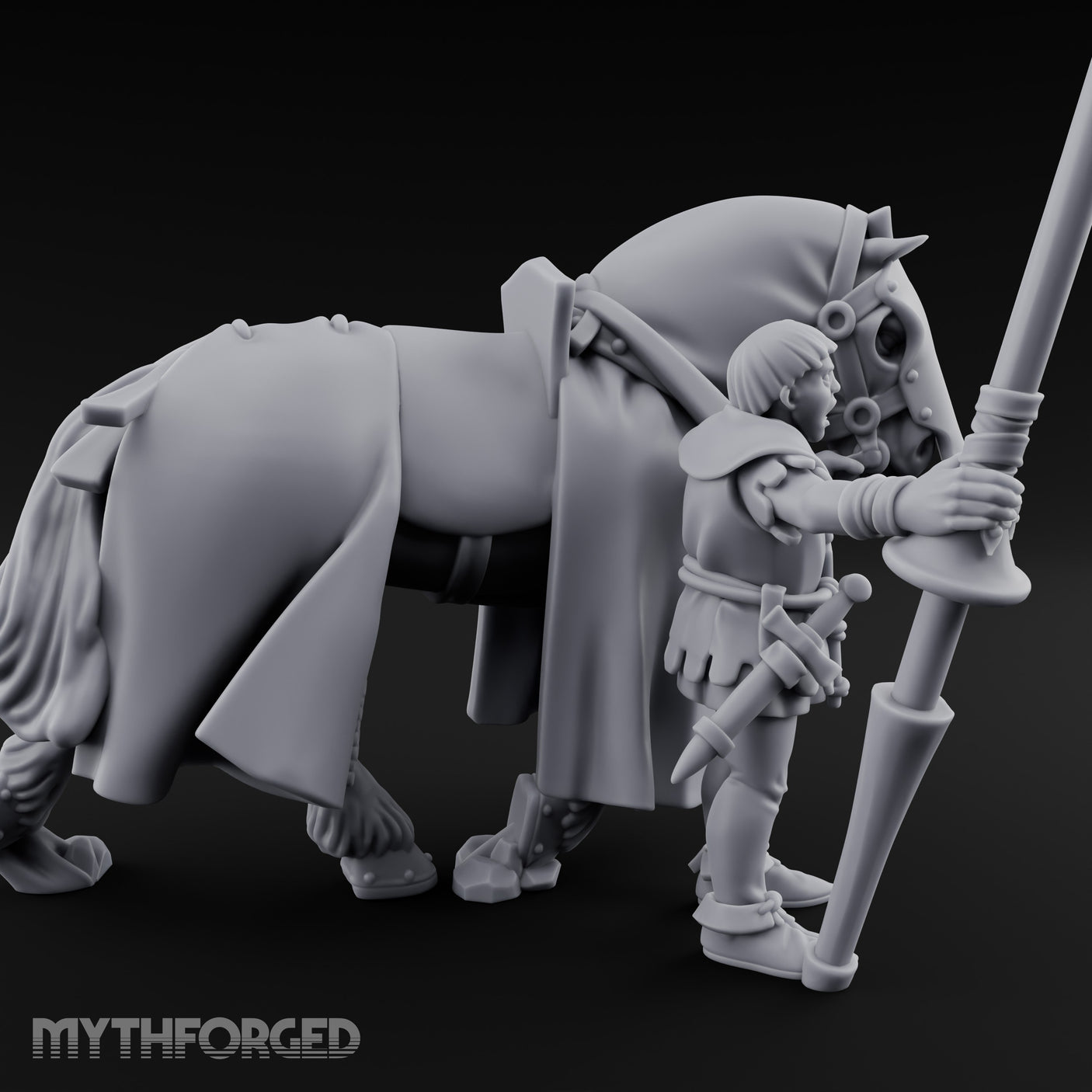 Lance Gripping Horse Steadying Human Squire with Horse Miniature for Dungeons and Dragons, Pathfinder or other TTRPGs