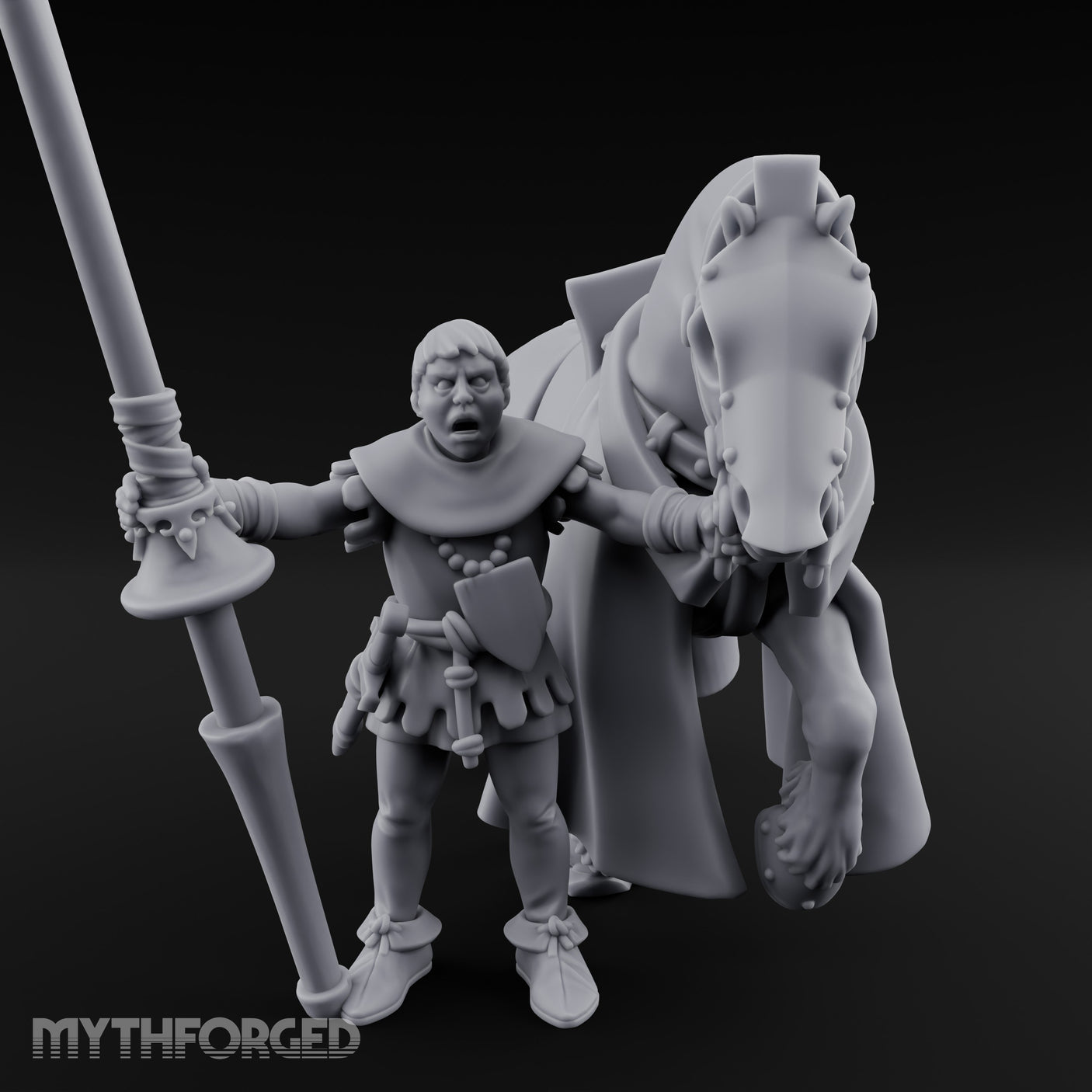 Lance Gripping Horse Steadying Human Squire with Horse Miniature for Dungeons and Dragons, Pathfinder or other TTRPGs