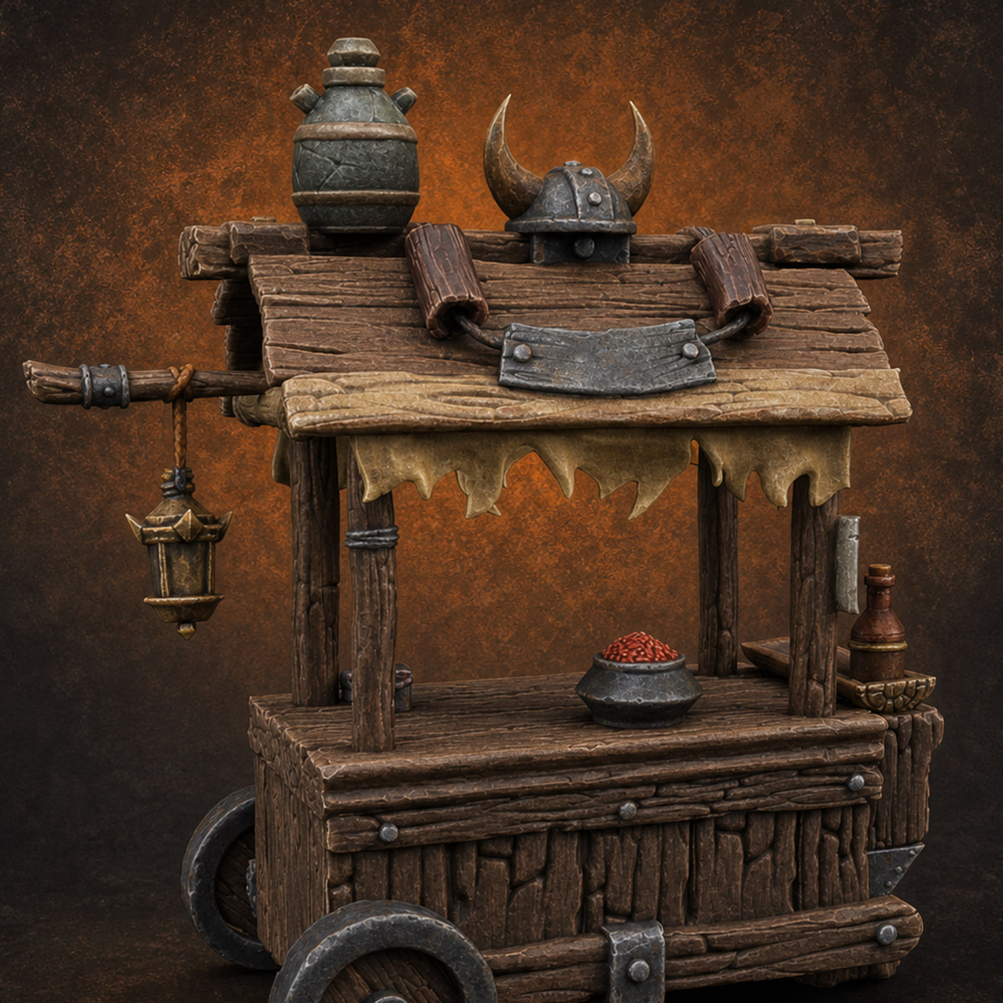 Lantern-Hung Helmet-Topped Goblin Market Cart — painted concept preview (miniature supplied unpainted)