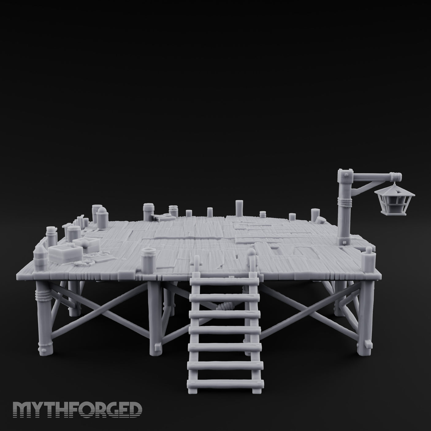 Lantern-Hung Ladder-Accessed Raised Dockside Platform Miniature for Dungeons and Dragons, Pathfinder or other TTRPGs
