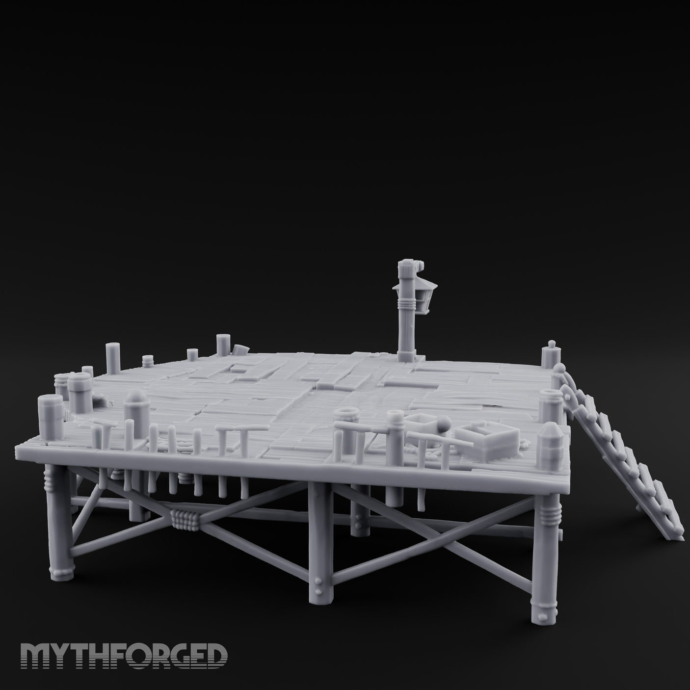 Lantern-Hung Ladder-Accessed Raised Dockside Platform Miniature for Dungeons and Dragons, Pathfinder or other TTRPGs