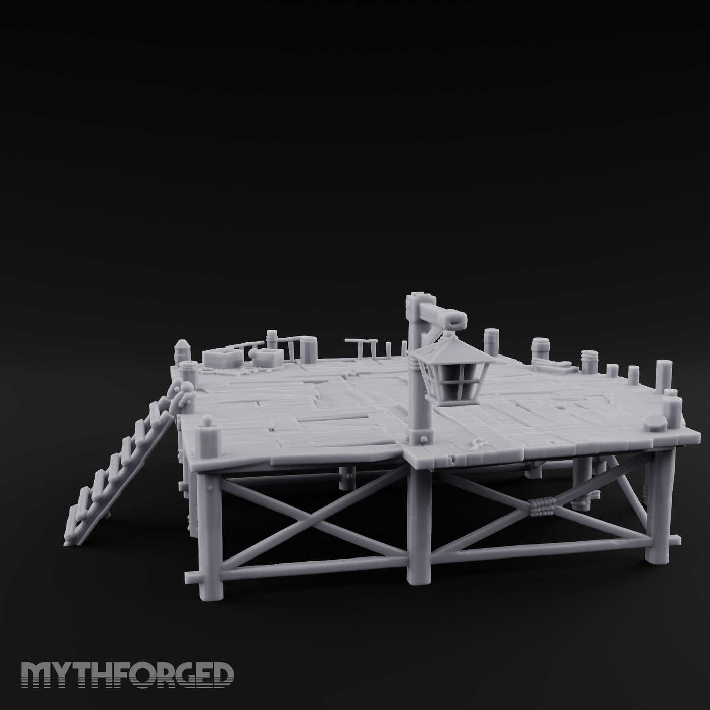 Lantern-Hung Ladder-Accessed Raised Dockside Platform Miniature for Dungeons and Dragons, Pathfinder or other TTRPGs