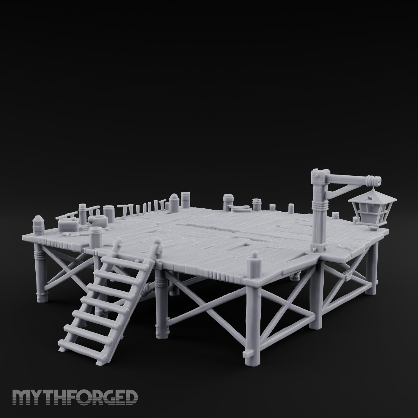 Lantern-Hung Ladder-Accessed Raised Dockside Platform Miniature for Dungeons and Dragons, Pathfinder or other TTRPGs