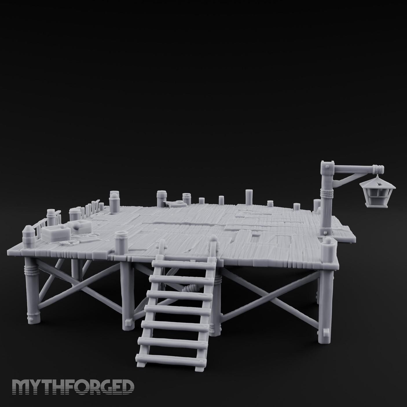 Lantern-Hung Ladder-Accessed Raised Dockside Platform Miniature for Dungeons and Dragons, Pathfinder or other TTRPGs