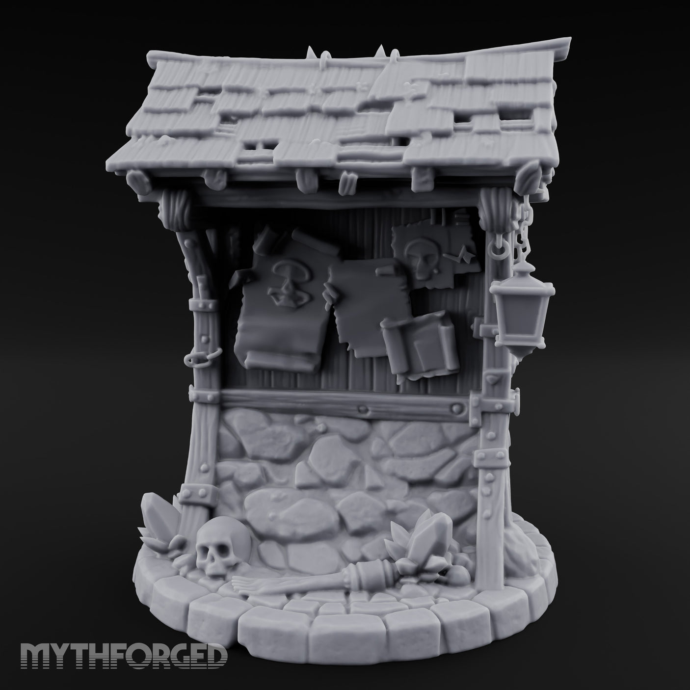 Lantern-Hung Skull-Scattered Necromancer Notice Board Stall Miniature for Dungeons and Dragons, Pathfinder or other TTRPGs