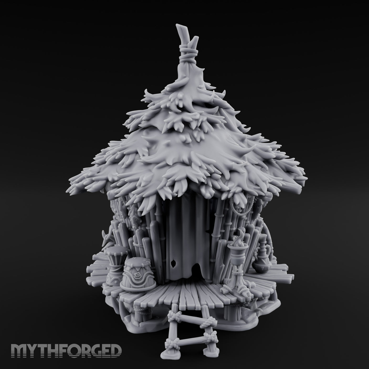 Leaf-Thatched Idol-Guarded Tribal Bamboo Hut Miniature for Dungeons and Dragons, Pathfinder or other TTRPGs