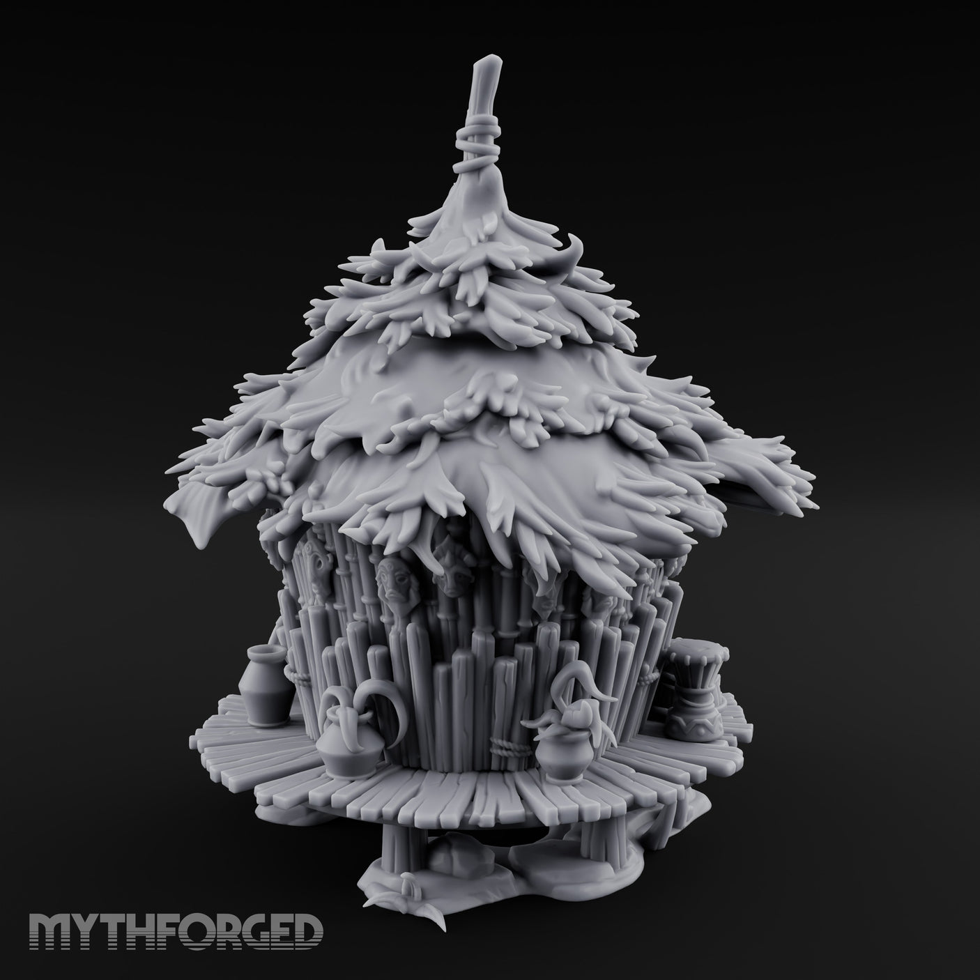 Leaf-Thatched Idol-Guarded Tribal Bamboo Hut Miniature for Dungeons and Dragons, Pathfinder or other TTRPGs