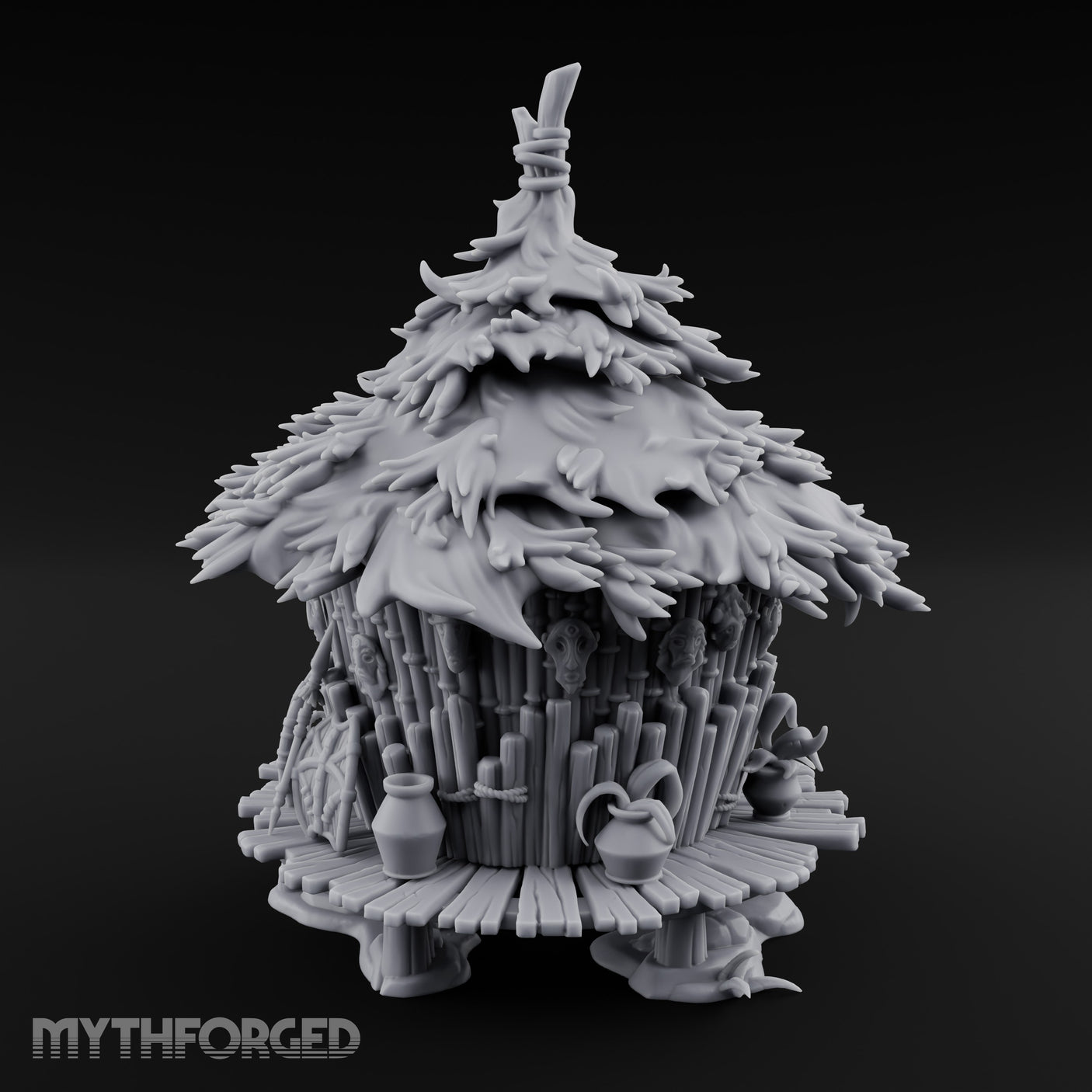 Leaf-Thatched Idol-Guarded Tribal Bamboo Hut Miniature for Dungeons and Dragons, Pathfinder or other TTRPGs