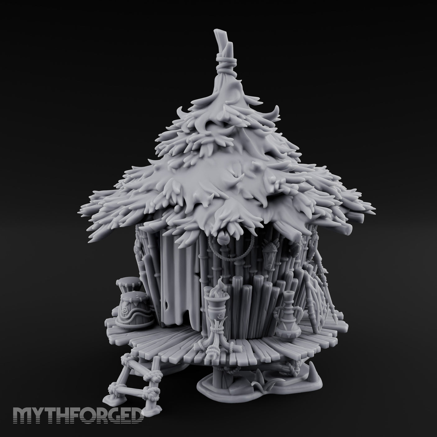 Leaf-Thatched Idol-Guarded Tribal Bamboo Hut Miniature for Dungeons and Dragons, Pathfinder or other TTRPGs