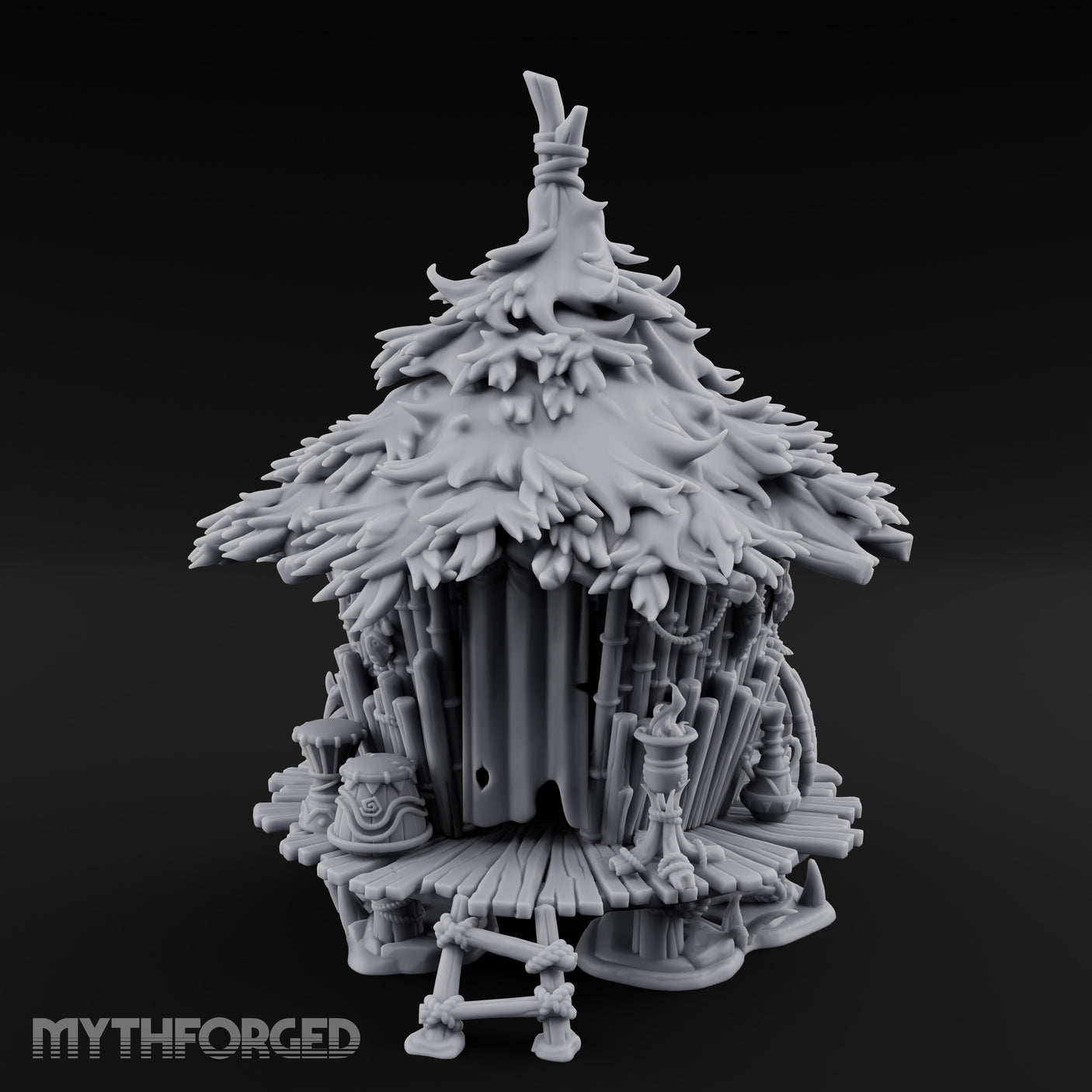 Leaf-Thatched Idol-Guarded Tribal Bamboo Hut Miniature for Dungeons and Dragons, Pathfinder or other TTRPGs