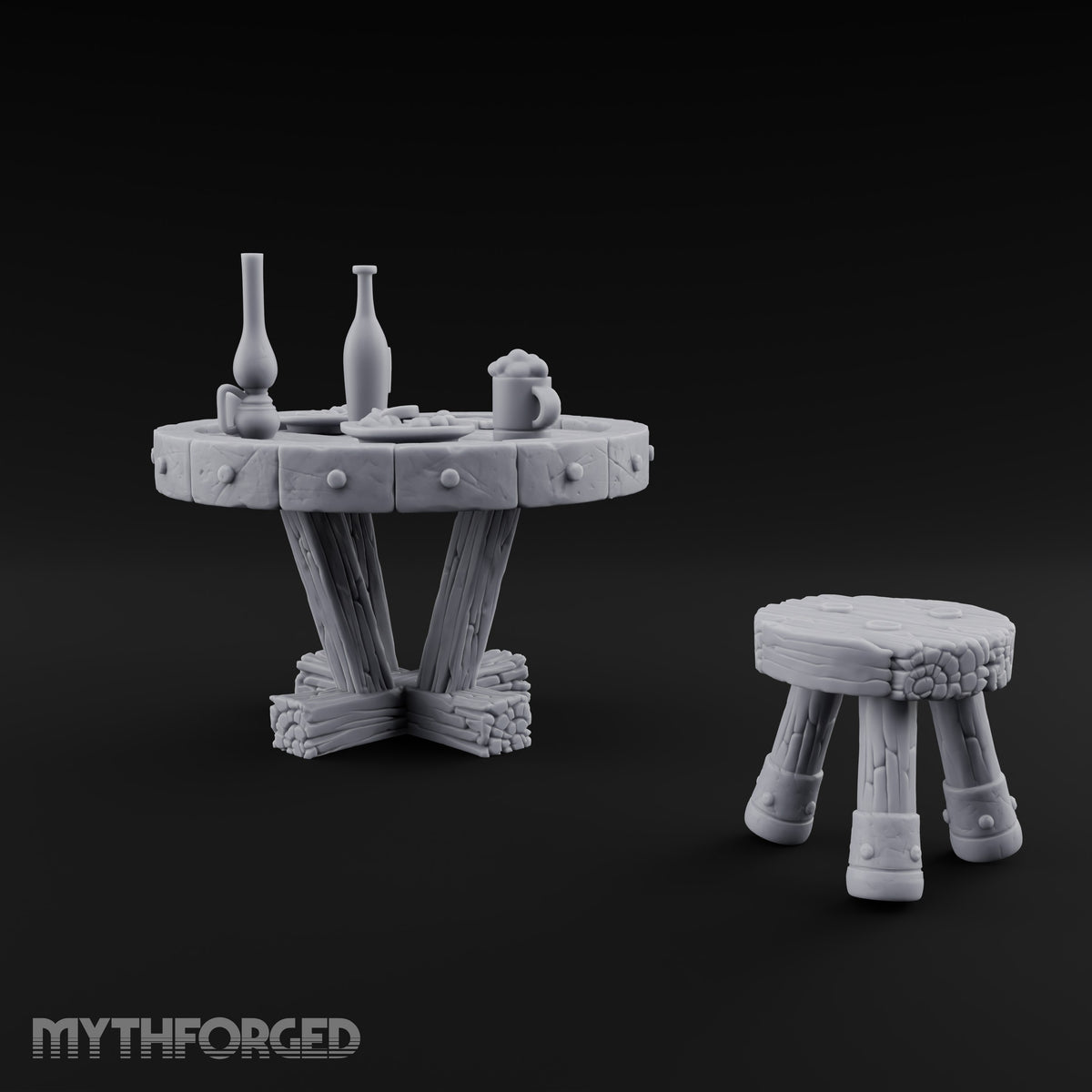 Drinks Poured, Stool Pulled Out Wooden Round Table with Stool