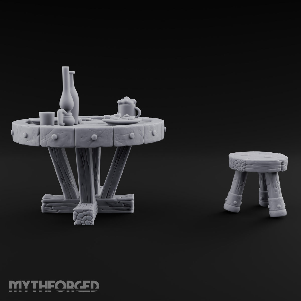 Drinks Poured, Stool Pulled Out Wooden Round Table with Stool