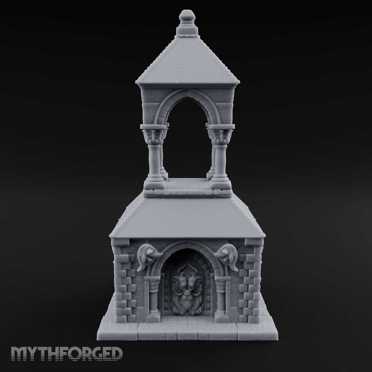 Lion-Carved Arch-Crowned Roadside Shrine Chapel Miniature for Dungeons and Dragons, Pathfinder or other TTRPGs