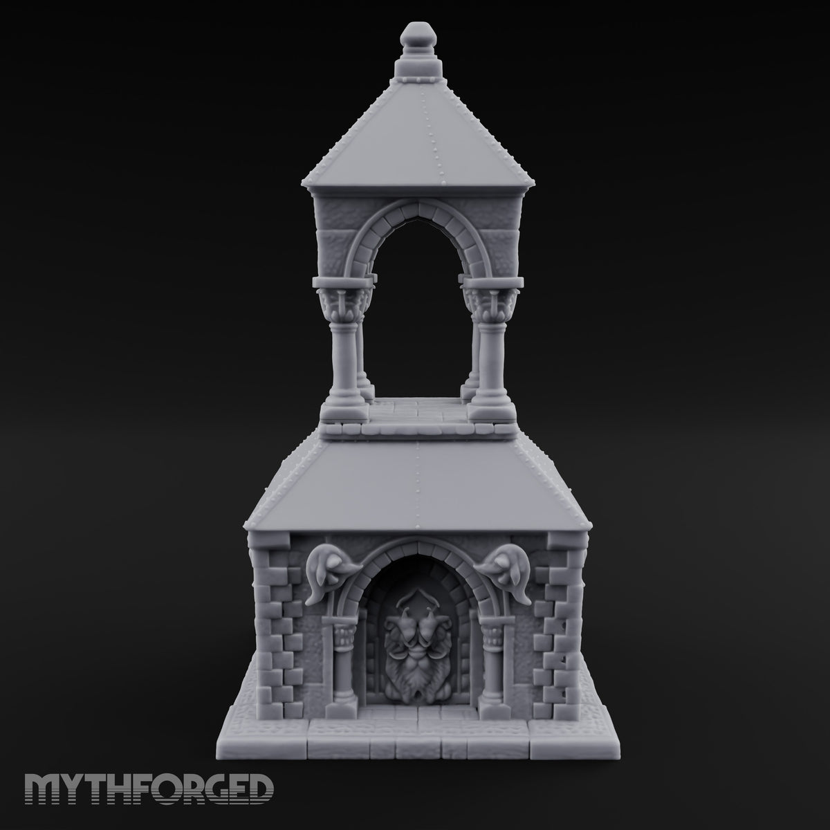 Lion-Carved Arch-Crowned Roadside Shrine Chapel Miniature for Dungeons and Dragons, Pathfinder or other TTRPGs