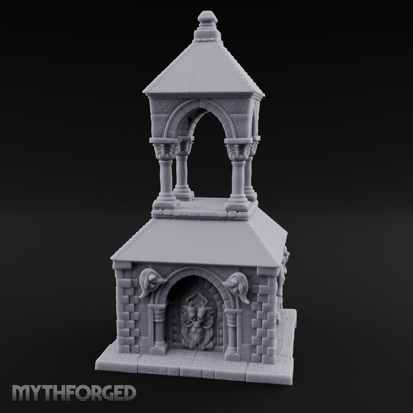 Lion-Carved Arch-Crowned Roadside Shrine Chapel Miniature for Dungeons and Dragons, Pathfinder or other TTRPGs