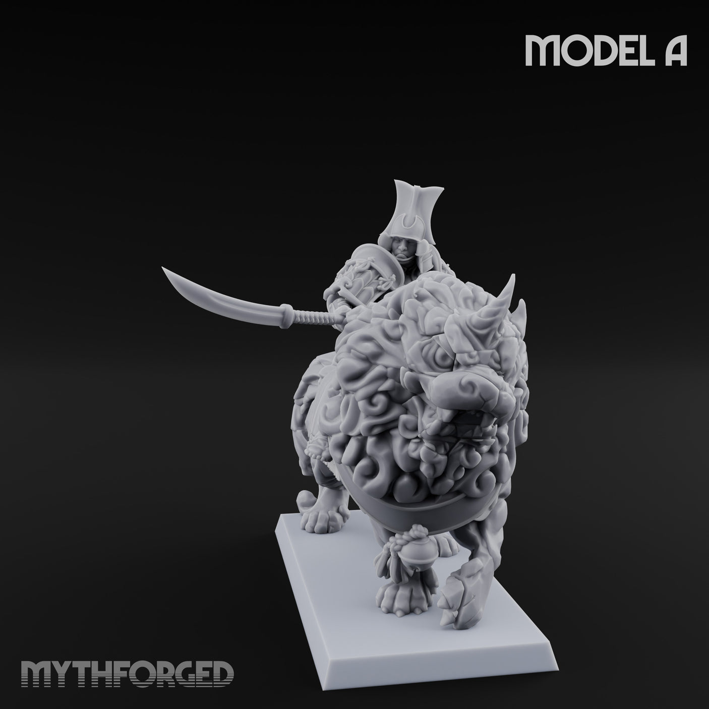 Lion Dog Riding Mounted Thunder Warrior A Miniature for Dungeons and Dragons, Pathfinder or other TTRPGs