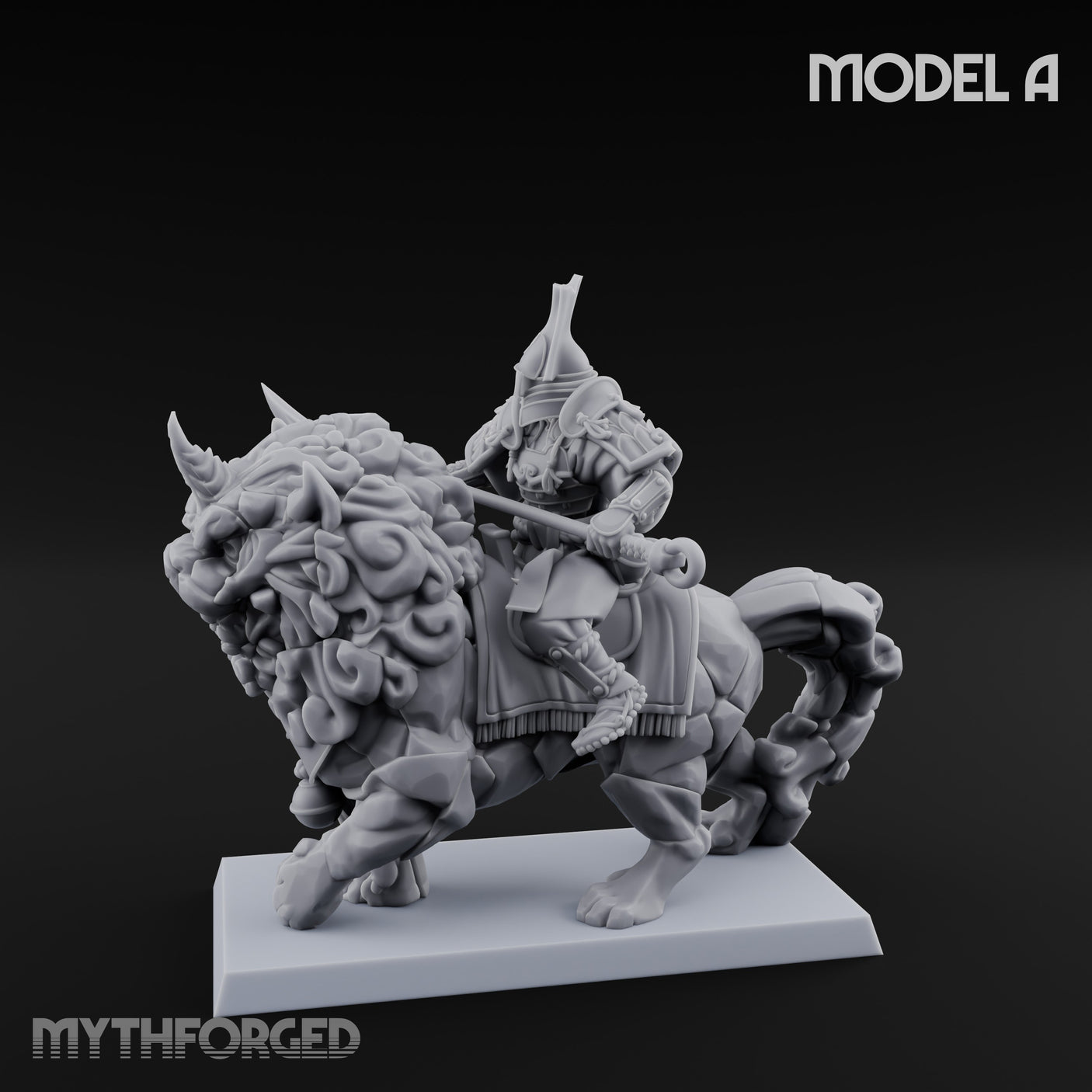 Lion Dog Riding Mounted Thunder Warrior A Miniature for Dungeons and Dragons, Pathfinder or other TTRPGs