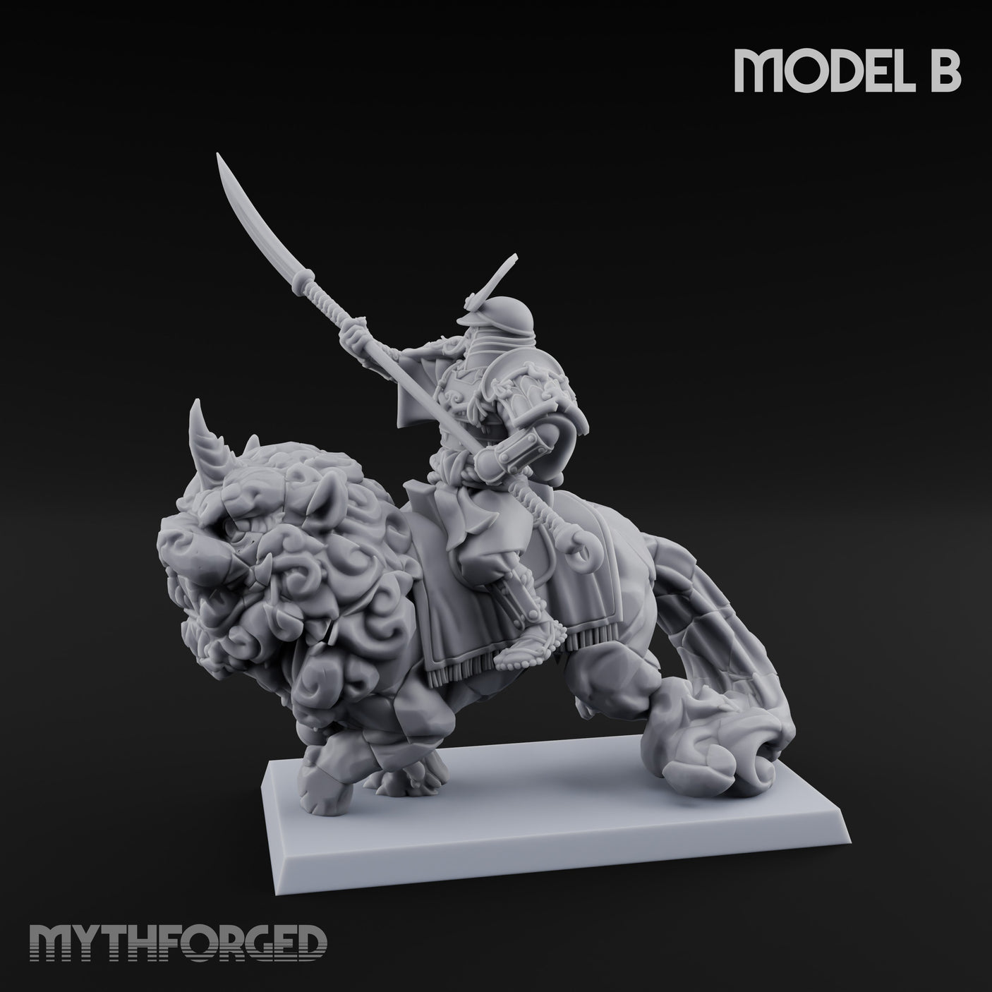 Lion Dog Riding Mounted Thunder Warrior B Miniature for Dungeons and Dragons, Pathfinder or other TTRPGs