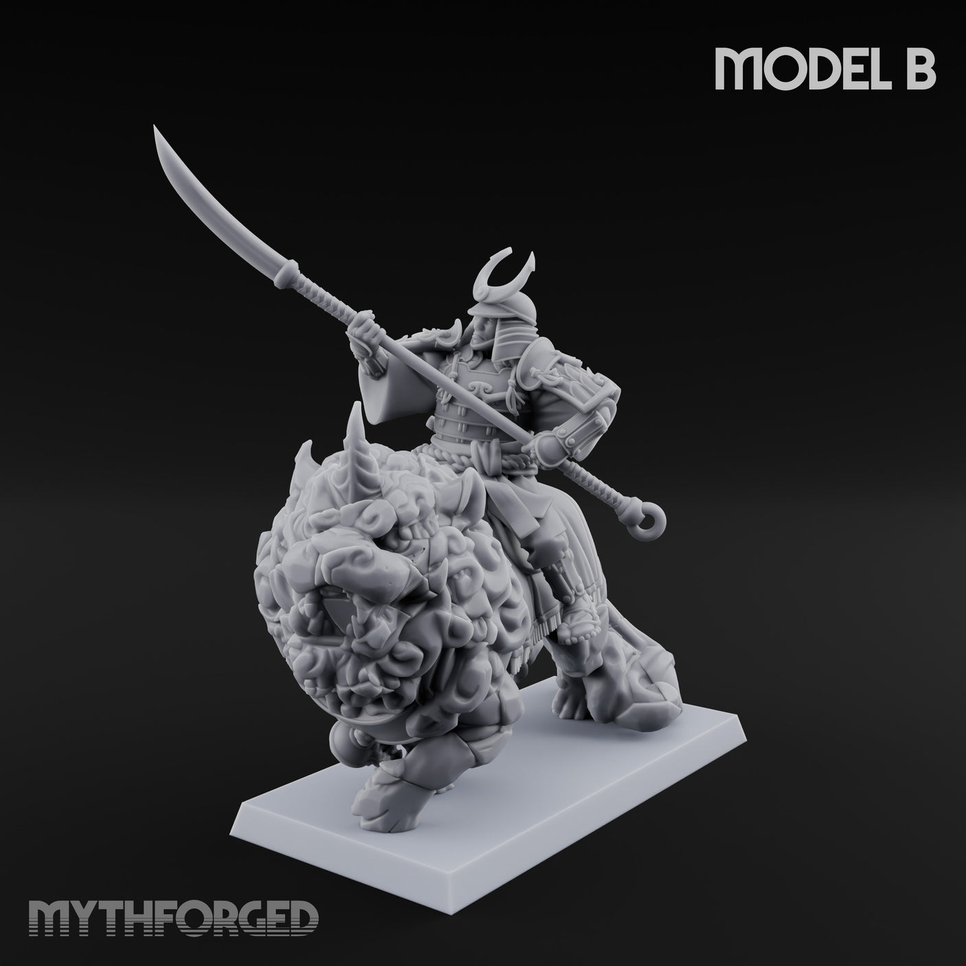 Lion Dog Riding Mounted Thunder Warrior B Miniature for Dungeons and Dragons, Pathfinder or other TTRPGs